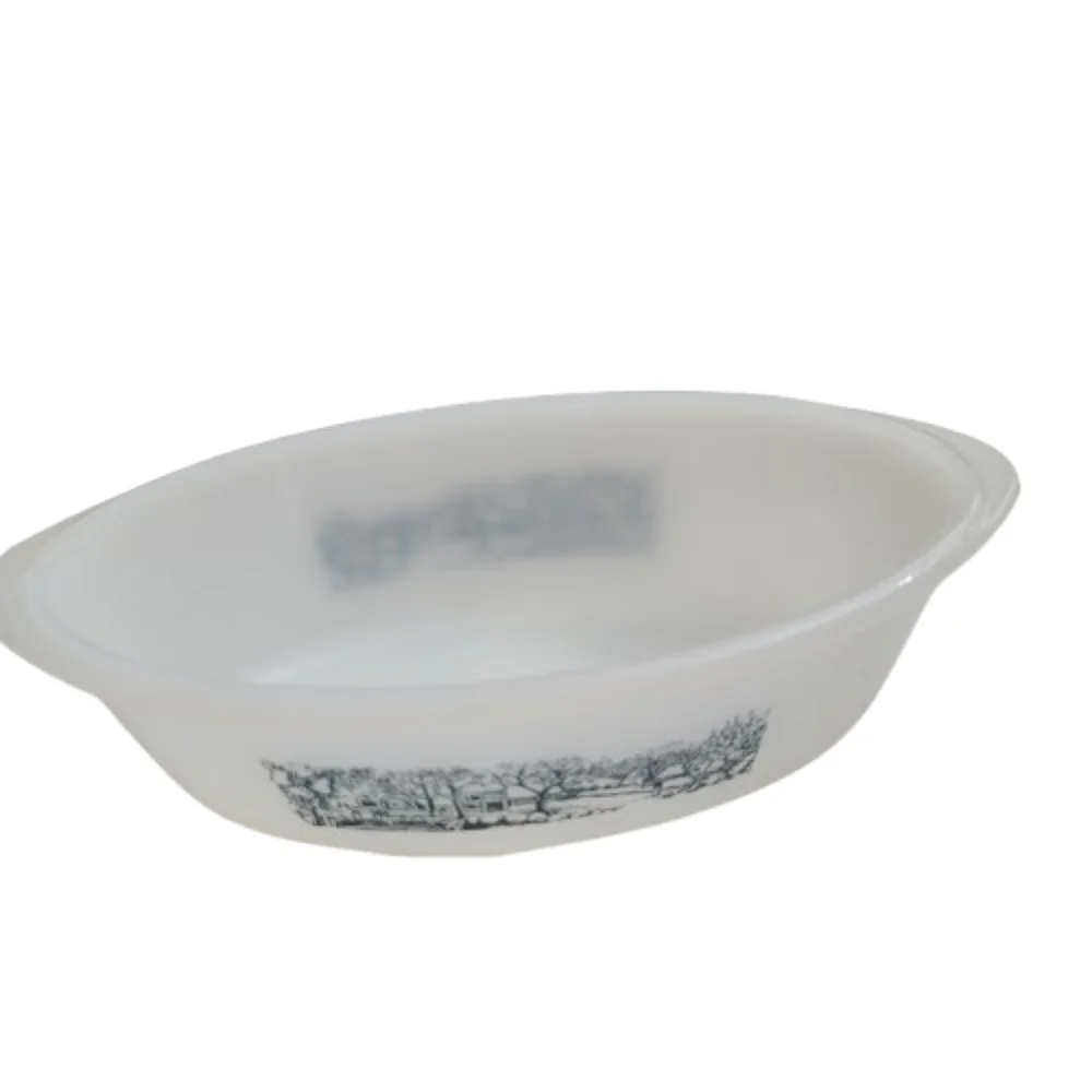 Glasbake Ovenware Bowl Design White Serving Bowl Oval Currier & Ives